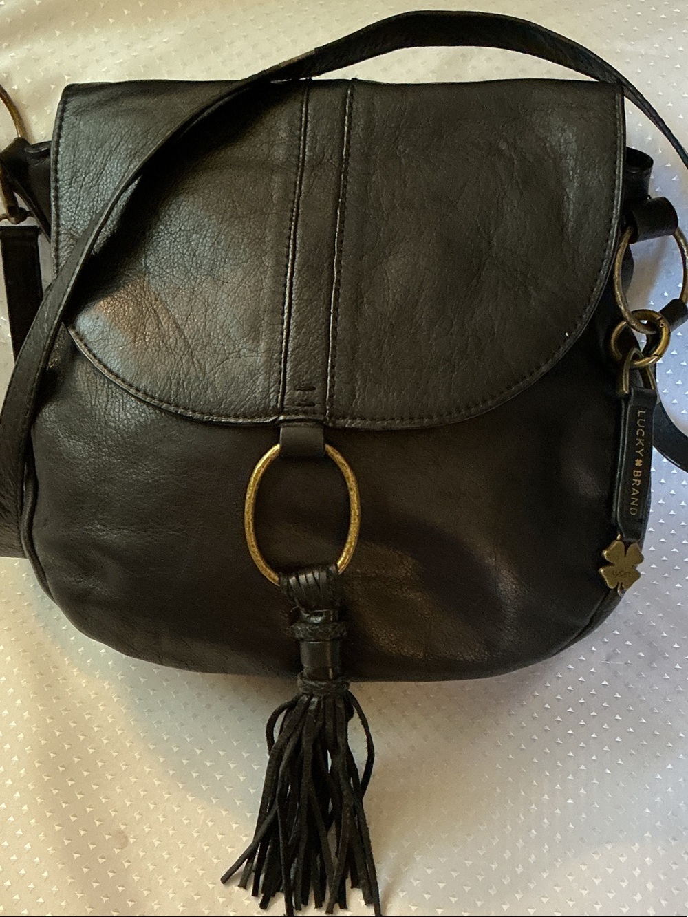 Lucky Brand Black Leather Crossbody with Brass Ring Tassel